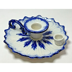 Vintage Victoria Ware Ironstone Staffordshire Flo Blue Candle Stick Holder
